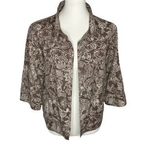 Croft & Barrow Linen Blend Jacket Brown Floral Mandarin Collar Large Petite Boho